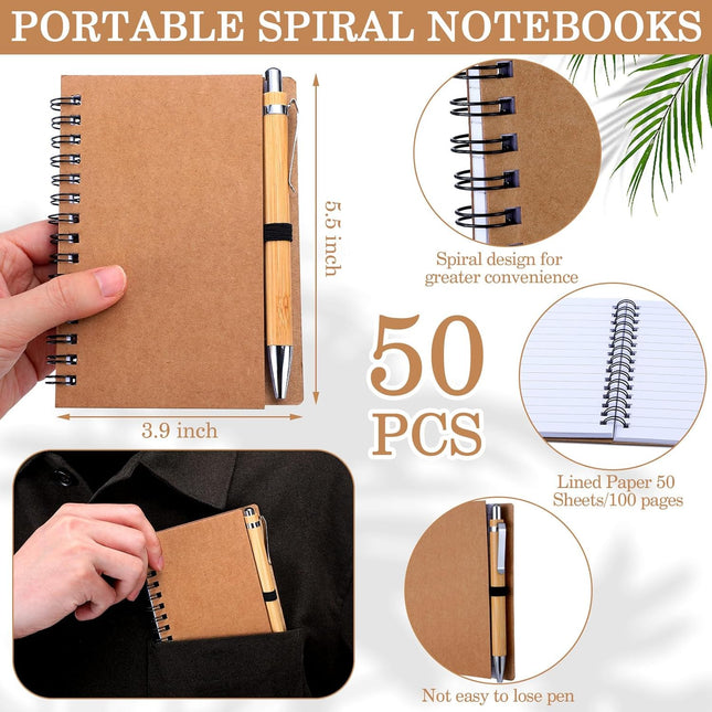 50 Set Notebook with Pen Bulk Appreciation Gifts Spiral Kraft Pocket Notebooks Lined Journal Thank