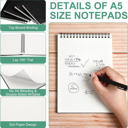 2 Pcs Dot Grid Notebook Top Spiral A5 Size Bullet Dotted Paper Hardcover Journal 8.3''x 5.8'' 140 Pages Notepads for Sketching Drawing Writing School Office (Black) Black -
