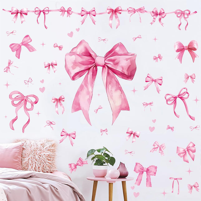 4 Sheets Pink Bow Wall Decal Sticker Decorations 12 x 35 Inch Stickers Removable Watercolor Decals Decor
