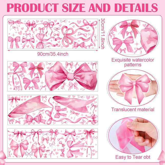 4 Sheets Pink Bow Wall Decal Sticker Decorations 12 x 35 Inch Stickers Removable Watercolor Decals Decor – product detail