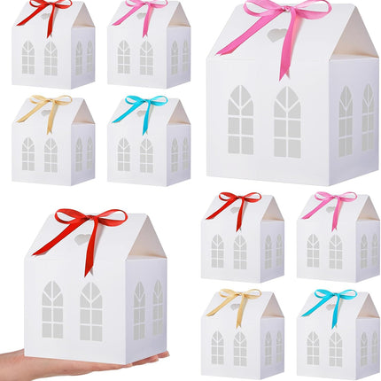 25 Sets Medium House Shaped Gift Boxes with Ribbons Paper Bakery Packaging Candy Box for Treats Real Estate Agent Christmas Gingerbread Wedding Birthday Bridal Shower -