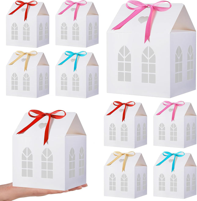 25 Sets Medium House Shaped Gift Boxes with Ribbons Paper Bakery Packaging Candy Box for in Multicolour