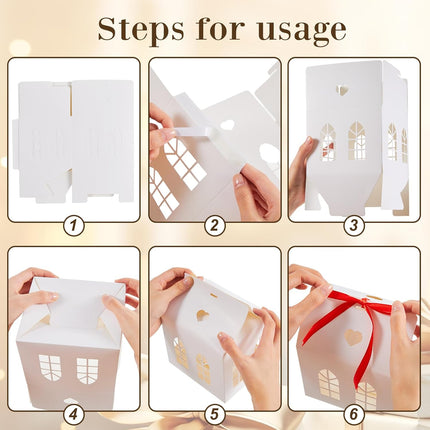 25 Sets Medium House Shaped Gift Boxes with Ribbons Paper Bakery Packaging Candy Box for Treats Real Estate Agent Christmas Gingerbread Wedding Birthday Bridal Shower -