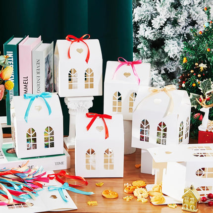 25 Sets Medium House Shaped Gift Boxes with Ribbons Paper Bakery Packaging Candy Box for Treats Real Estate Agent Christmas Gingerbread Wedding Birthday Bridal Shower -