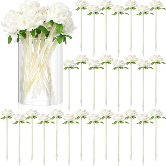 28 Pcs Valentine's Day Flower Rose Pens Valentine Gifts Artificial Floral 0.5mm Black Ink Gel in White