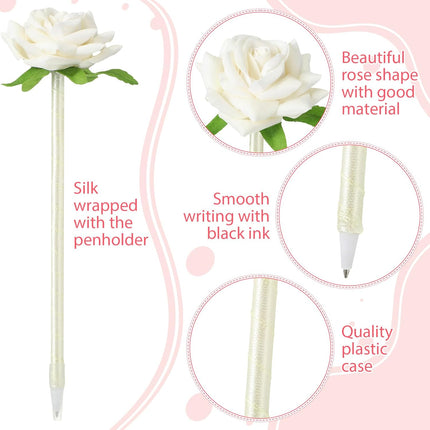 28 Pcs Valentine's Day Flower Rose Pens Valentine Gifts Artificial Floral 0.5mm Black Ink Gel Pen for Valentines Wedding Mother's Home Office Supplies(White) White -