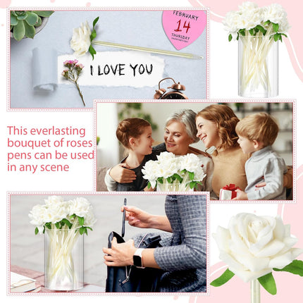 28 Pcs Valentine's Day Flower Rose Pens Valentine Gifts Artificial Floral 0.5mm Black Ink Gel Pen for Valentines Wedding Mother's Home Office Supplies(White) White -