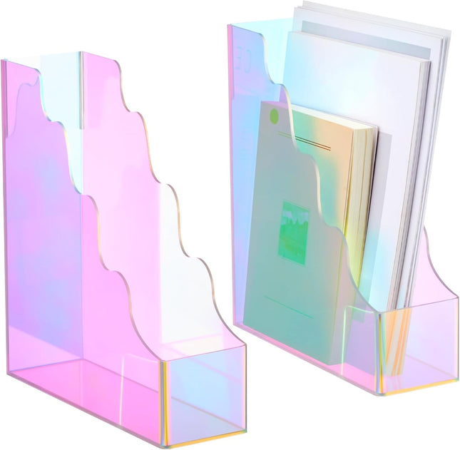 2 Pcs Iridescent Acrylic Magazine File Holders Water Ripples Vertical Organizer Colorful