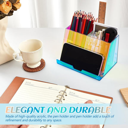 2 Pcs Rainbow Iridescent Acrylic Pen and Phone Holder, Colorful Transparent Pencil Organizer with Compartments Office Supplies Built in Stand for Desk vanity office -