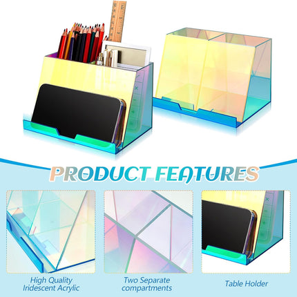 2 Pcs Rainbow Iridescent Acrylic Pen and Phone Holder, Colorful Transparent Pencil Organizer with Compartments Office Supplies Built in Stand for Desk vanity office -