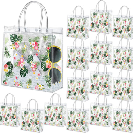 24 Pcs Hawaiian Gift Bags with Handle Luau Party Favors Summer Tropical Jungle Palm Leaf PVC Plastic Clear Aloha Goodie Bulk for Birthday Supplies 8x8x3.15 Inch -