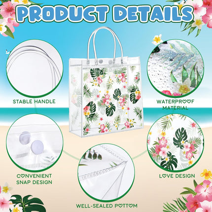 24 Pcs Hawaiian Gift Bags with Handle Luau Party Favors Summer Tropical Jungle Palm Leaf PVC Plastic Clear Aloha Goodie Bulk for Birthday Supplies 8x8x3.15 Inch -