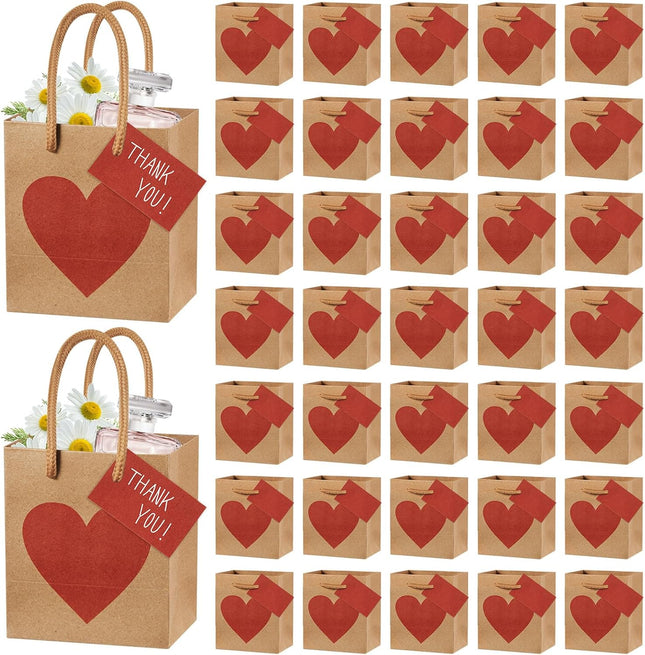 48 Pcs Mini Valentines's Day Gift Bags Bulk with Tags Small Brown and Red Heart Goodie Paper Handles for