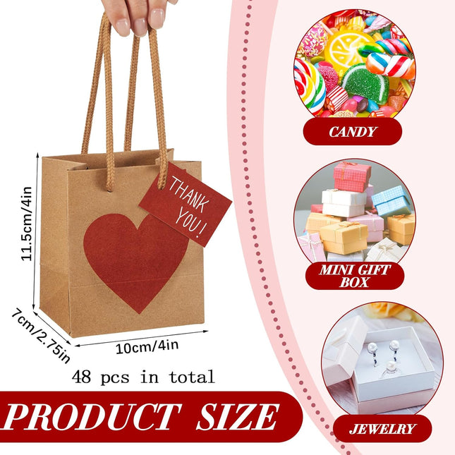 48 Pcs Mini Valentines's Day Gift Bags Bulk with Tags Small Brown and Red Heart Goodie Paper Handles for – product detail