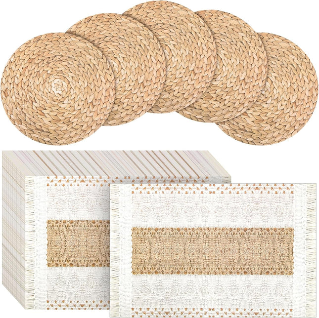 100 Pcs Boho Disposable Paper Placemats Set Round Braided Rattan Woven Place and Rectangle Burlap Printed