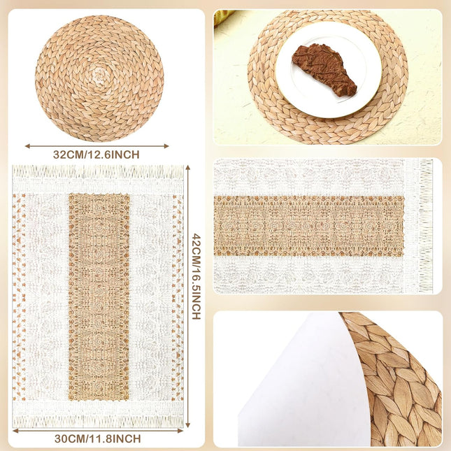 100 Pcs Boho Disposable Paper Placemats Set Round Braided Rattan Woven Place and Rectangle Burlap Printed – product detail