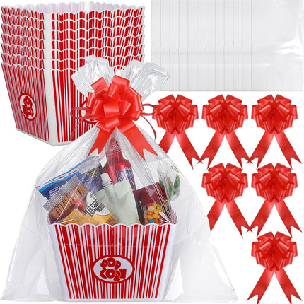 6 Pack Movie Night Gifts Baskets Plastic Popcorn Box Containers with Bags and Bows for Holiday Lover Teacher Appreciation Birthday Party Favors DIY Kits - 9 x Inch