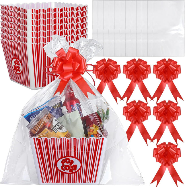 6 Pack Movie Night Gifts Baskets Plastic Popcorn Box Containers with Bags and Bows for V1259-DP01-A-5636