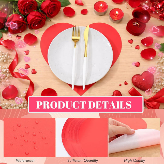 100 Pcs Red Heart Placemats Disposable Paper Table Decorations Indoor Shape for Valentine Mother's – product detail