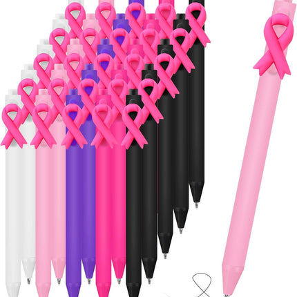 50 Pcs Breast Cancer Awareness Pens Bulk Pink Ribbon Ballpoint Retractable Black Ink Gifts Accessories for Women Nurses Coworker Charity Events Fundraisers Public Decor -