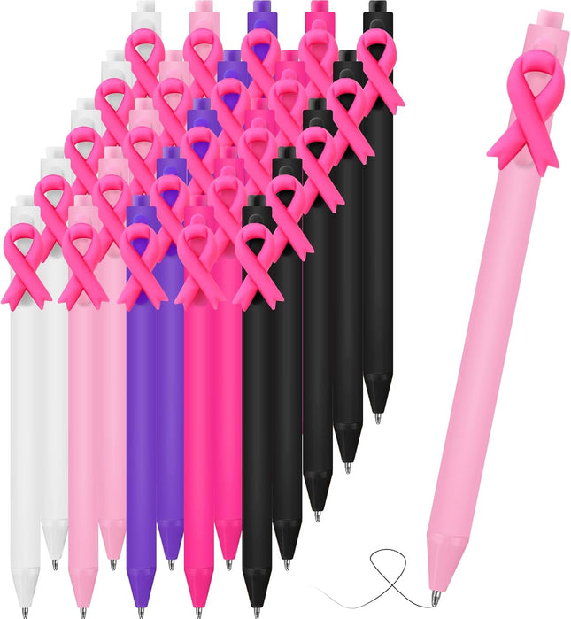 50 Pcs Breast Cancer Awareness Pens Bulk Pink Ribbon Ballpoint Retractable Black Ink Gifts