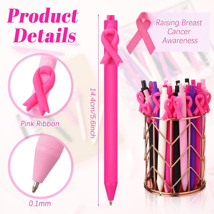 50 Pcs Breast Cancer Awareness Pens Bulk Pink Ribbon Ballpoint Retractable Black Ink Gifts Accessories for Women Nurses Coworker Charity Events Fundraisers Public Decor -
