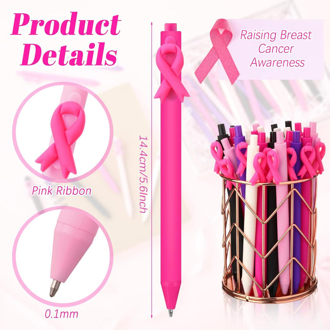50 Pcs Breast Cancer Awareness Pens Bulk Pink Ribbon Ballpoint Retractable Black Ink Gifts – product detail