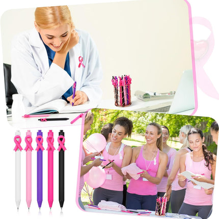 50 Pcs Breast Cancer Awareness Pens Bulk Pink Ribbon Ballpoint Retractable Black Ink Gifts Accessories for Women Nurses Coworker Charity Events Fundraisers Public Decor -