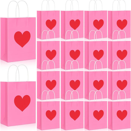 24 Pcs Valentine's Day Heart Gift Bags Bulk with Handle Pink Gifts Kraft Paper Wrapping Bag Galentines Shaped Goodie Candy for Wedding Party Favors Supplies -