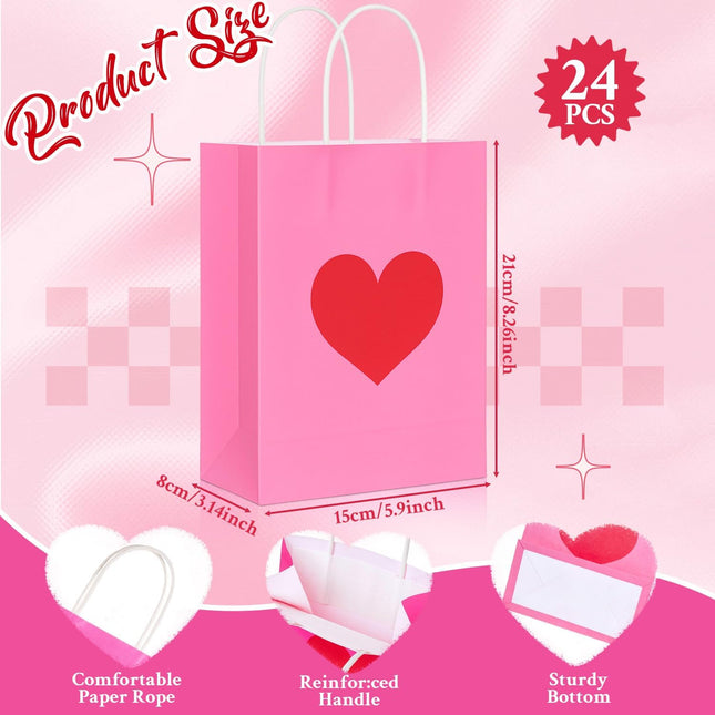 24 Pcs Valentine's Day Heart Gift Bags Bulk with Handle Pink Gifts Kraft Paper Wrapping – product detail