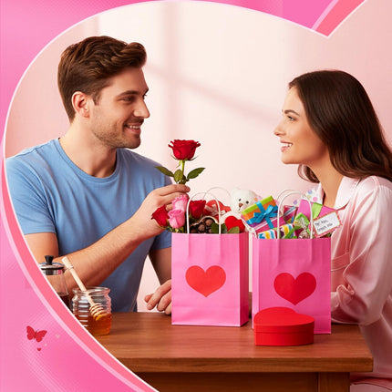 24 Pcs Valentine's Day Heart Gift Bags Bulk with Handle Pink Gifts Kraft Paper Wrapping Bag Galentines Shaped Goodie Candy for Wedding Party Favors Supplies -