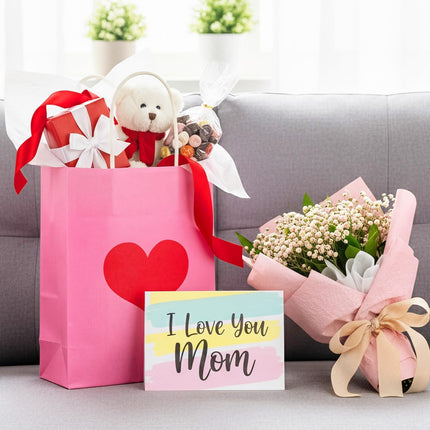 24 Pcs Valentine's Day Heart Gift Bags Bulk with Handle Pink Gifts Kraft Paper Wrapping Bag Galentines Shaped Goodie Candy for Wedding Party Favors Supplies -