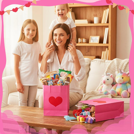 24 Pcs Valentine's Day Heart Gift Bags Bulk with Handle Pink Gifts Kraft Paper Wrapping Bag Galentines Shaped Goodie Candy for Wedding Party Favors Supplies -