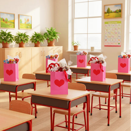 24 Pcs Valentine's Day Heart Gift Bags Bulk with Handle Pink Gifts Kraft Paper Wrapping Bag Galentines Shaped Goodie Candy for Wedding Party Favors Supplies -