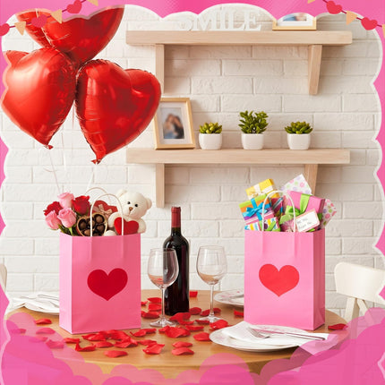 24 Pcs Valentine's Day Heart Gift Bags Bulk with Handle Pink Gifts Kraft Paper Wrapping Bag Galentines Shaped Goodie Candy for Wedding Party Favors Supplies -