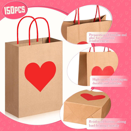 150 Pcs Valentines Day Gift Bags Candy Goodie with Handles Heart Love Paper Wrapping Kraft for Galentines Gifts Packing Party Favors -