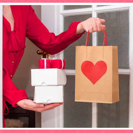 150 Pcs Valentines Day Gift Bags Candy Goodie with Handles Heart Love Paper Wrapping Kraft for Galentines Gifts Packing Party Favors -