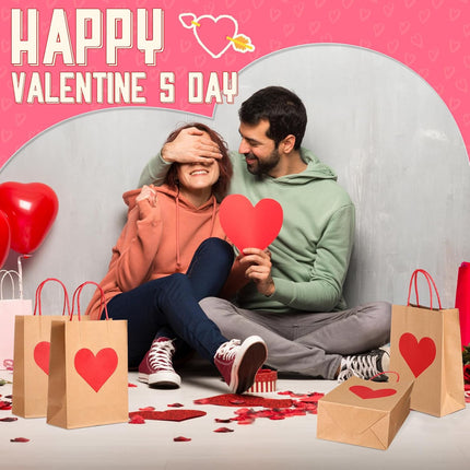 150 Pcs Valentines Day Gift Bags Candy Goodie with Handles Heart Love Paper Wrapping Kraft for Galentines Gifts Packing Party Favors -