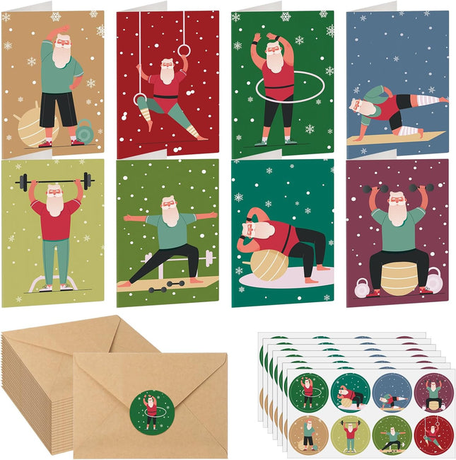 32 Pcs Yoga Christmas Cards with Envelopes and Stickers Funny Bulk 8 Charming Designs Assorted for Men