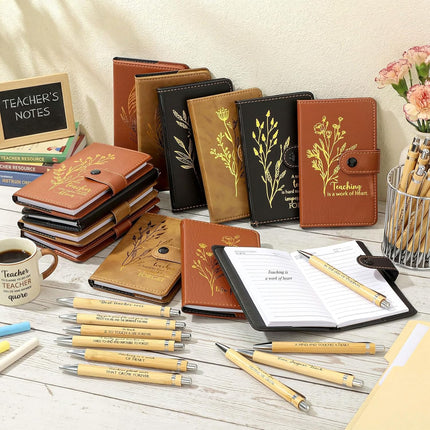 Teacher Appreciation Gifts – Inspirational Floral Leather Notebooks and Bamboo Pens with Motivational Quotes Ideal for Week, Back-to-School, Staff Gifts(Basic,60) -