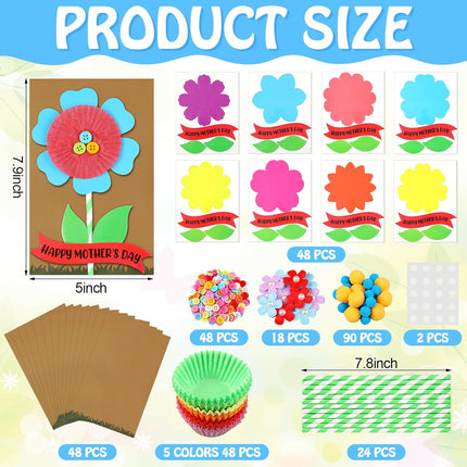 48 Pcs DIY Mother's Day Flower Craft Kit Happy Card Making with Blessing Message Envelope Make Your Own Greeting for Gifts Classroom School Home Activities -