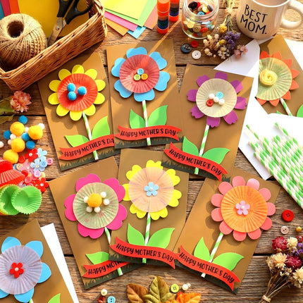 48 Pcs DIY Mother's Day Flower Craft Kit Happy Card Making with Blessing Message Envelope Make Your Own Greeting for Gifts Classroom School Home Activities -