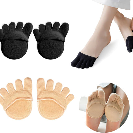 2Pairs Toe Topper Half Socks - Ball of Foot Cushions, Forefoot Pads for Women No Show Black/Beige-closetoe