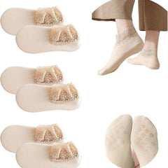 3Pairs Lace Socks No Show Frilly Ankle Knit Cotton Non Slip Low Cut for Women Floor Beige One Size