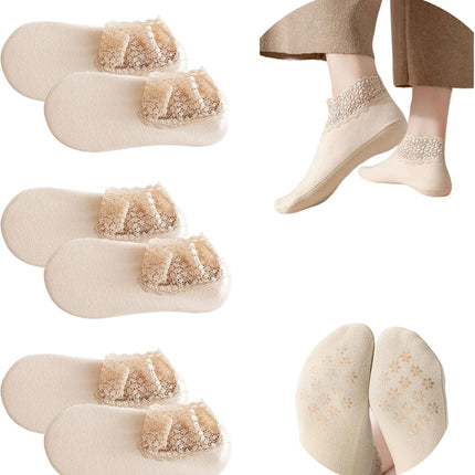 3Pairs Lace Socks No Show Frilly Ankle Knit Cotton Non Slip Low Cut for Women Floor Beige One Size
