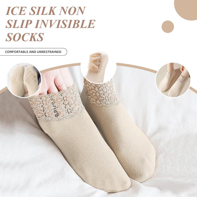3Pairs Lace Socks No Show Frilly Ankle Knit Cotton Non Slip Low Cut for Women Floor Beige One Size – product detail