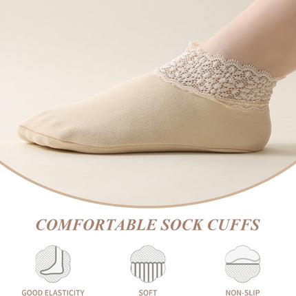 3Pairs Lace Socks No Show Frilly Ankle Knit Cotton Non Slip Low Cut for Women Floor Beige One Size