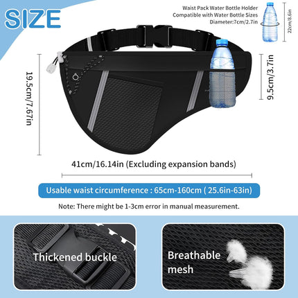 Men Women Sports Running Waist Bag, Waterproof Fanny Packs with Adjustable Belt, Pack Bag Water Bottle Holde for Hiking Walking Biking GSP8807-Black -
