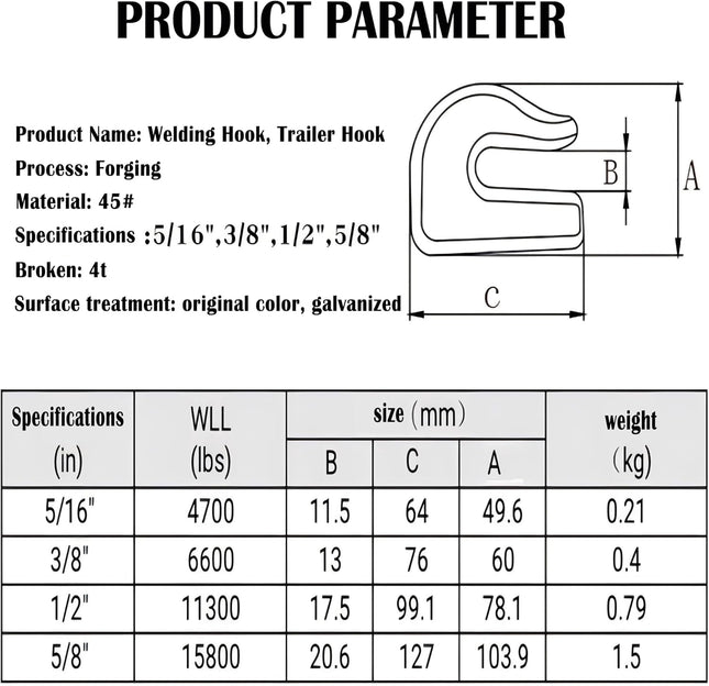 Weld On Grab Chain Hook 3/8 Hooks Grade 70 Load Limit 6600 lbs for Welded onto Tractors or excavators – product detail