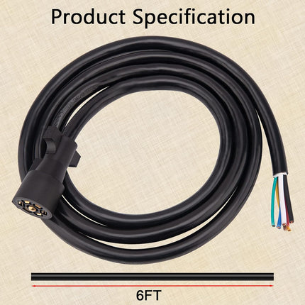 Trailer Wiring Harness,7 Pin Plug,7 Way Wire,6-Feet,Designed for RV Trailers, caravans, Food Vans and Other Towed Vehicles (6 FT) - 6 FT (No Box)